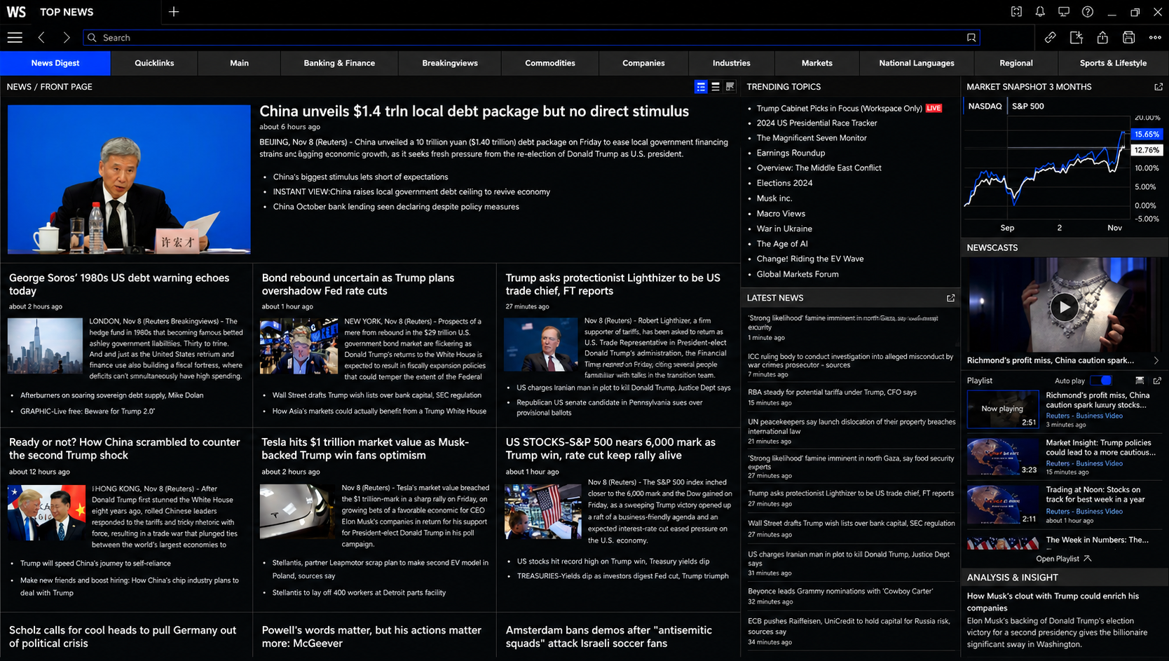 Financial news dashboard showing market data, headlines, and index charts